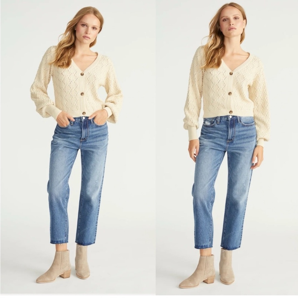 Driftwood Royce jeans. Light wash raw hem wide leg cropped